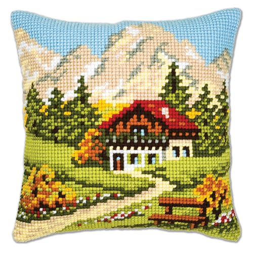 VERVACO Kreuzstich Stickpackungen Kissen Stickerei Set Anfänger Vorgedruckt Berglandschaft DIY Set Kreativ Set Für Erwachsene Dekoratives Kissen ca. 40 x 40 cm Bastelset Handwerker Haus Dekoration von Vervaco