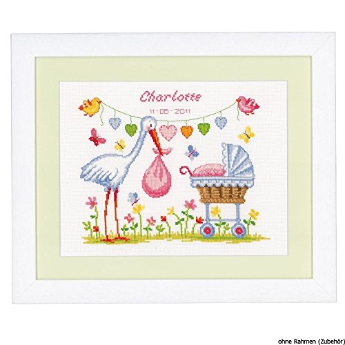 VERVACO Gezählter Kreuzstich Stickpackungen Stickset Baby Geburt Storch Wanddekoration Handarbeit Set für Erwachsene Kreatives Handwerk ca. 28 x 23 cm Geburt Geschenk Hausdeko von Vervaco