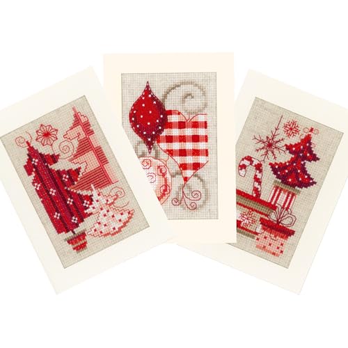 VERVACO Lesezeichen Kreuzstich Stickpackungen Gezählter Kreuzstich Weihnachtlich in Rot 3er DIY Postkarten Set Erwachsene Sticken Bastelset ca. 10,5 x 15 cm Stickset für Anfänger Kreatives Geschenk von Vervaco