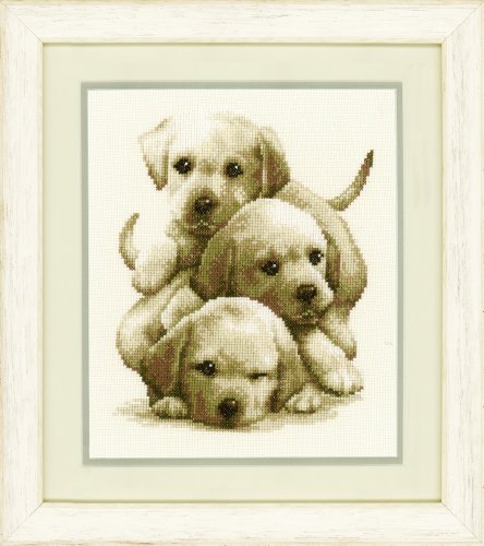 VERVACO Gezählter Kreuzstich Stickpackungen DIY Stickbilder Labrador Welpen Wanddekoration Handarbeit Set für Erwachsene Kreatives Handwerk ca. 19 x 24 cm Kreuzstichbilder Set Hausdeko von Vervaco