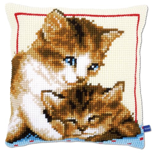 VERVACO Kreuzstich Stickpackungen Kissen Stickerei Set Anfänger Vorgedruckt Spielende Katzen DIY Set Kreativ Set Für Erwachsene Dekoratives Kissen ca. 40 x 40 cm Bastelset Handwerker Haus Dekoration von Vervaco