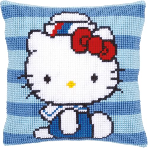 Vervaco Kreuzstichkissen Hello Kitty bei der Marine I Kreuzstickpackung vorgedruckt, Stramin, weiß, 40 x 40 x 0,3 cm von Vervaco