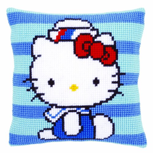 Vervaco Kreuzstichkissen Hello Kitty bei der Marine I Kreuzstickpackung vorgedruckt, Stramin, weiß, 40 x 40 x 0,3 cm von Vervaco