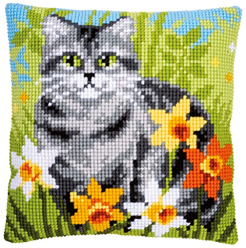 Vervaco PN-0150975 Kreuzstichkissen Set vorgezeichnet, Baumwolle, Katze Zwischen Blumen, 40x40cm von Vervaco