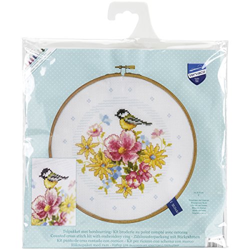 VERVACO Gezählter Kreuzstich Stickpackungen DIY Stickbilder mit Stickrahmen Meise mit Blumen Wanddekoration Handarbeit Set für Erwachsene Kreatives ca. 20 x 20 cm Kreuzstichbilder Set Hausdeko von Vervaco