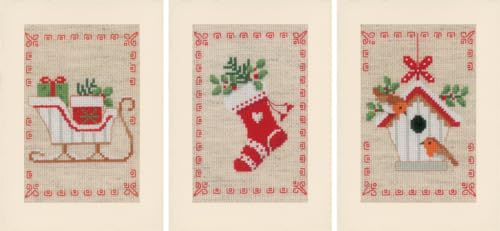 Vervaco PN-0178342 Weihnachtlich 3er Set Grußkarten Stickset Zählmuster, Baumwolle, mehrfarbig, ca. 10,5 x 15 cm / 4,2" x 6" von Vervaco