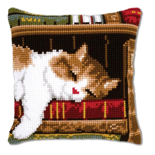 VERVACO Kreuzstich Stickpackungen Kissen Stickerei Set Anfänger Vorgedruckt Schlafende Katze DIY Set Kreativ Set Für Erwachsene Dekoratives Kissen ca. 40 x 40 cm Bastelset Handwerker Haus Dekoration von Vervaco