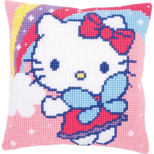 VERVACO Kreuzstich Stickpackungen Kissen Stickerei Set Anfänger Vorgedruckt Hello Kitty mit Regenbogen DIY Set Kreativ Set Für Erwachseneca. 40 x 40 cm Bastelset Handwerker Haus Dekoration von Vervaco