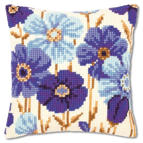 VERVACO Kreuzstich Stickpackungen Kissen Stickerei Set Anfänger Vorgedruckt Anemonen in Blau DIY Set Kreativ Set Für Erwachsene Dekoratives Kissen ca. 40 x 40 cm Bastelset Handwerker Haus Dekoration von Vervaco