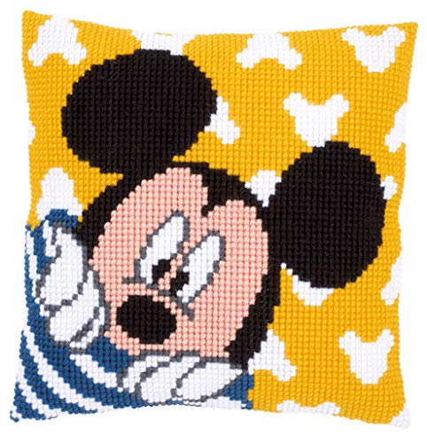 Vervaco PN-0167235 WD Kreuzstichkissen Mickey Kreuzstickpackung vorgedruckt, Stramin, weiß, 40 x 40 x 0,30 cm von Vervaco