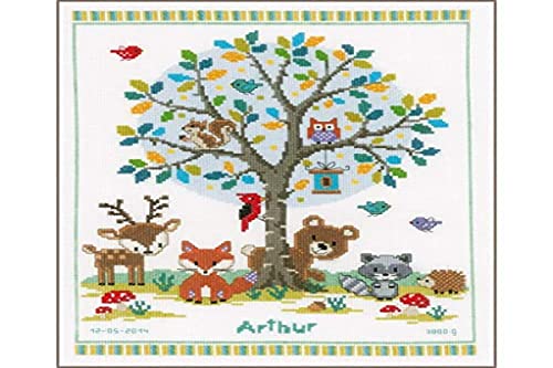 VERVACO Gezählter Kreuzstich Stickpackungen Stickset Baby Geburt Im Wald Wanddekoration Handarbeit Set für Erwachsene Kreatives Handwerk ca. 28 x 35 cm Geburt Geschenk Hausdeko von Vervaco