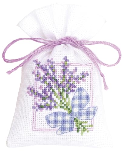 Vervaco Zählmuster Lavendel mit Schleife Kräutertütchen-Stickpackung im gezählten Kreuzstich, Baumwolle, Mehrfarbig, 8 x 12 x 0.3 cm von Vervaco