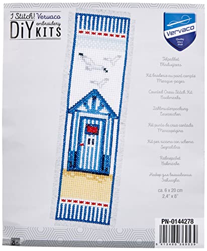 VERVACO Strandkabine DIY Set Erwachsene Sticken Lesen Zubehör Geschenk Stickset für Anfänger Zählmusterpackung-Lesezeichen-Stickpackung im gezählten Kreuzstich, Baumwolle, Multicolor, ca. 6 x 20 cm von Vervaco