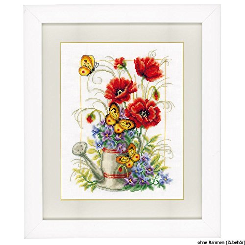 VERVACO Gezählter Kreuzstich Stickpackungen DIY Stickbilder Gie kanne mit Blumen Wanddekoration Handarbeit Set für Erwachsene Kreatives Handwerk ca. 19 x 25 cm Kreuzstichbilder Set Hausdeko von Vervaco