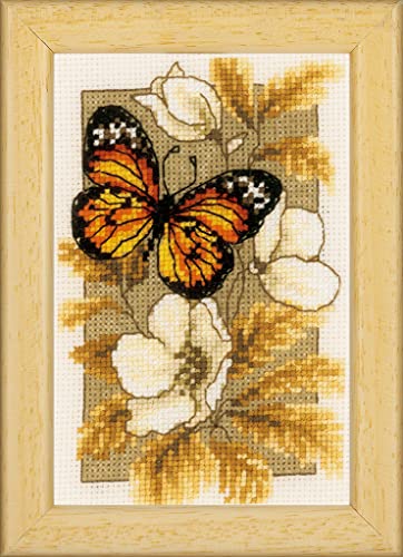 VERVACO Gezählter Kreuzstich Stickpackungen DIY Stickbilder Schmetterling auf Blumen Wanddekoration Handarbeit Set für Erwachsene Zählmusterpackung ca. 8 x 12 cm Kreuzstichbilder Set Hausdeko von Vervaco