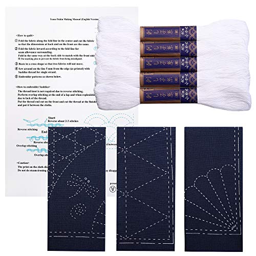 Sashiko Kit, Yokota Sashiko Garn und Vorlage Yume Fukin mit original englischem Handbuch, Stoff, japanisches Textil (weißer Faden/marineblaues Geschirrtuch 2) von Verve Joy