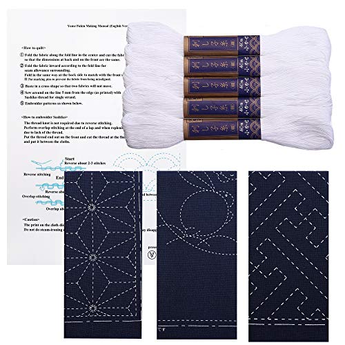 Sashiko Kit, Yokota Sashiko Garn und Vorlage Yume Fukin mit original englischem Handbuch, Stoff, japanisches Textil (weißer Faden/marineblaues Geschirrtuch 3) von Daruma