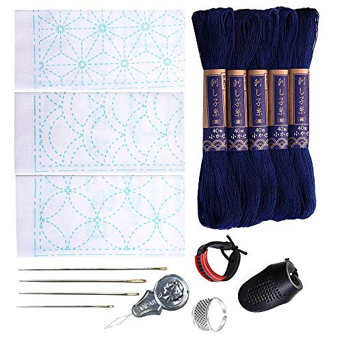 Verve Joy Sashiko Kit, Yokota Sashiko Garn, Nadeln und Vorlage Yume Fukin mit original englischen Handbuch, Fingerhut, Nähset, Stoff, Japanisches Textil (Marine-Faden/weißes Geschirrtuch 1) von Verve Joy