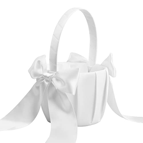 Vesaneae Weiß Hochzeit Blumenkorb, Streukörbchen Korb für Blumenkinder, Blumenmädchen Korb mit Bowknot, Satin Blumenkörbe, Blumenkinderkörbchen für Hochzeit Party von Vesaneae