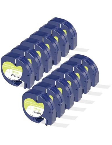 12 x Veson Kompatibel Etiketten für Dymo Etikettenband Letratag 12mm x 4m,Kompatible Schriftband als Ersatz für Dymo LetraTag Plastic White für Dymo LT-100H LT-100T 200B XR XM, Schwarz auf Weiß 91221 von Veson