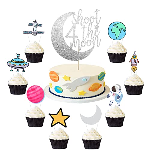 Vetwo 25 Stück Shoot 4 the Moon Cake Topper Outer Space 4th Bday Cupcake Decor Love You to The Moon and Back/Astronaut/Space Man/Roboter/Galaxy/UFO Thema Fourth Birthday Party Kuchen Supplies Dekorationen von Vetwo