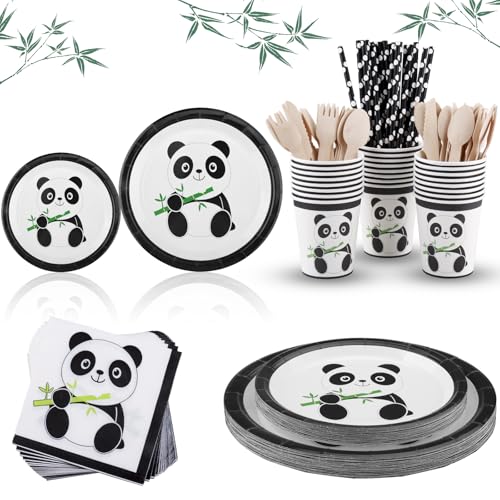 Panda Partygeschirr, Vexillic 200 Stück Pappteller Geburtstag Party Deko Set mit Servietten Pappbecher Strohhalme Holz Gabel Messer Löffel Wiederverwendbar für 25 Kinder von Vexillic