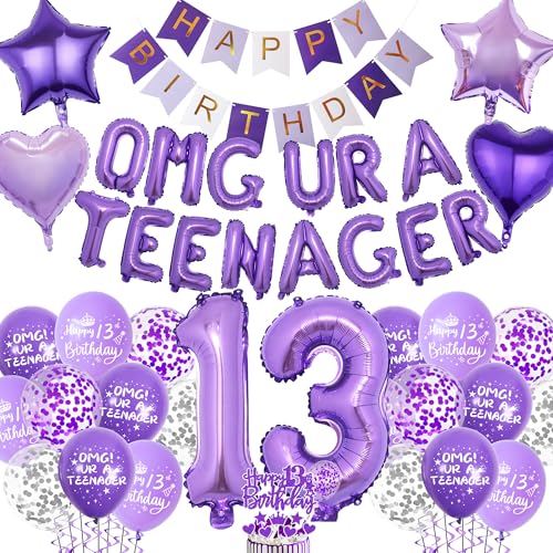 Lila 13 Geburtstag Dekorationen für Mädchen - Offizielles Teen Deko Set, OMG UR A Teenager Folienballons, Riesen 13 Ballon Zahlen, Happy Birthday Banner 13 Jahre Alt Party Supplies von VeyoCraft