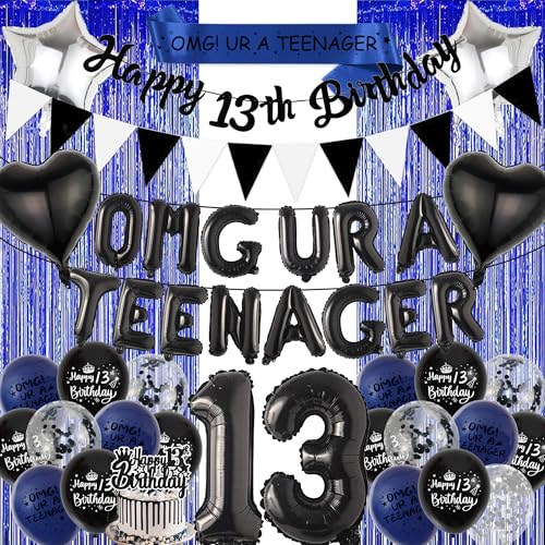 VeyoCraft 13 Geburtstag Dekorationen für Jungen - Offizielle Teenager Party Supplies Schwarz Blau Schärpe Kuchen Topper Geburtstag Banner, OMG UR A Teenager Folienballons Zahl 13 Ballon für 13 Jahre von VeyoCraft