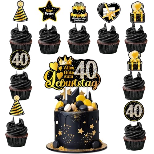 Vezerd Tortendeko 40. Geburtstag Jungen Mädchen, 25 Stück Cupcake Geburtstag Kuchen Deko Tortenaufleger, Happy Birthday Muffin Torten deko, Cake Decoration Topper für 40th Geburtstag, Gold von Vezerd