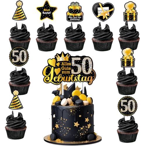 Vezerd Tortendeko Geburtstag, 25 Stück Cupcake Geburtstag Kuchen Deko Tortenaufleger, Happy Birthday Muffin Torten deko für Mädchen/Junge, Cake Decoration Topper für 50. Geburtstag, Gold von Vezerd