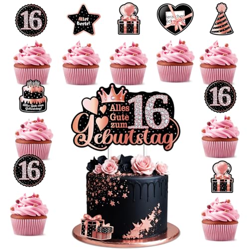 Vezerd Tortendeko Geburtstag, 25 Stück Cupcake Geburtstag Kuchen Deko Tortenaufleger, Happy Birthday Muffin Torten deko für Mädchen/Junge, Cake Decoration Topper für 16. Geburtstag, Rosa von Vezerd