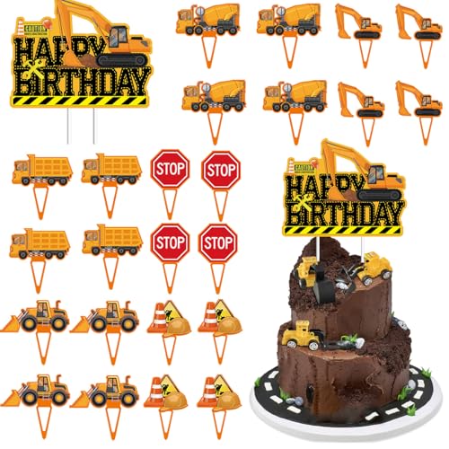 Vezerd Tortendeko Geburtstag, 25 Stück Baustelle Kuchen Deko Tortenaufleger, Bagger Baustellenfahrzeuge Thema Happy Birthday Muffin Torten deko für Junge, Cake Decoration Topper Set für Taufe Party von Vezerd