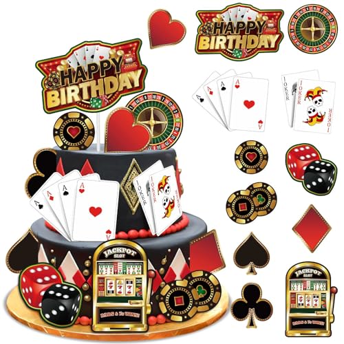 Vezerd Tortendeko Geburtstag, 12 Stück Casion Kuchen Deko Tortenaufleger, Cupcake Topper zum Geburtstag Poker Würfel Cake Dekoration, Happy Birthday Muffin Torten deko für Spieleparty/Poker Party von Vezerd