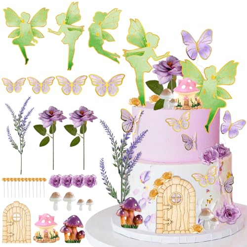 Vezerd Feen Tortendeko Geburtstag, 40 Stücke Fairy Pilz Haus Kuchen Deko Tortenaufleger für Karneval Party, Schmetterling Fee Themen Happy Birthday Torten Muffin deko Cupcake Topper für Mädchen von Vezerd