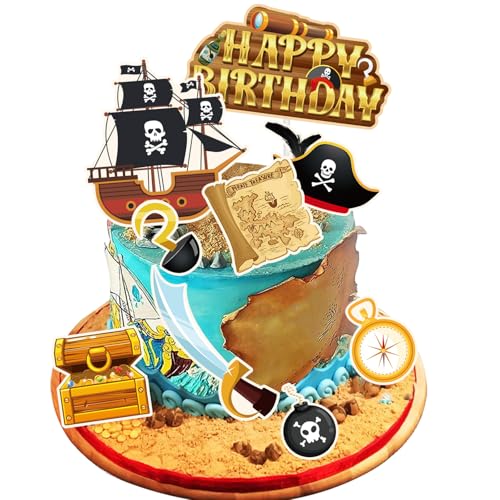 Vezerd Tortendeko Geburtstag, 9 Stück Piraten Kuchen Deko Tortenaufleger für Kindergeburtstag, Piratenschiff Piratenhut Happy Birthday Torten deko Cupcake Topper für Mädchen Junge von Vezerd