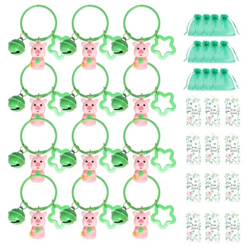 St. Patrick's Day Schlüsselanhänger, irischer Schlüsselanhänger, 12 x Irisches Schwein Ornament Grün mit Glocke, rustikaler Schlüsselanhänger mit Karte und Anhänger von Vgvgaj