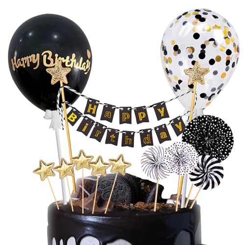 12 Stück Tortendeko Happy Birthday, Cake Topper Geburtstag, Tortendeko Geburtstag, Cake Topper Happy Birthday für Junge und Mädchen (Schwarz) von Vhtanop