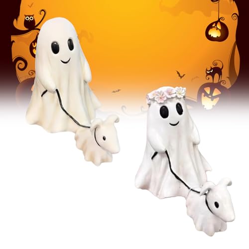 ViCUULY Statue Eines Gehenden Geisterhundes, 2024 Halloween Gruselige Geisterstatue Dekor, Geist Geht Mit Seinem Geisterhund Spazieren Halloween Statuen Heim Tischdekoration (2PCS) von ViCUULY