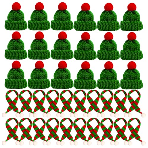 ViLiyDuo 50 Stück Mini Strickmützen Mini Weihnachtsmütze und Schal Set, Weinflache Hut Mini Wollmütze DIY Handwerk Hüte Puppen Hut für Weinflasche Deko (Grün) von ViLiyDuo