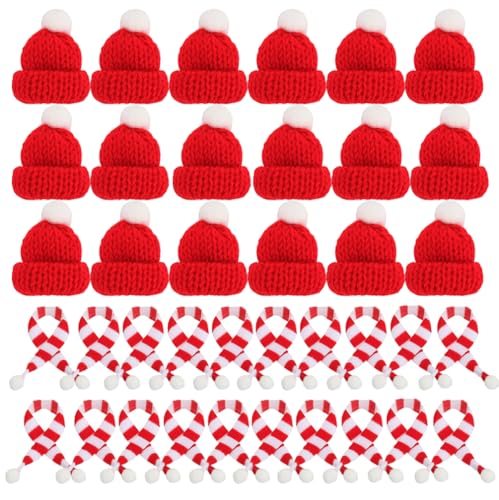 ViLiyDuo 50 Stück Mini Strickmützen Mini Weihnachtsmütze und Schal Set, Weinflache Hut Mini Wollmütze DIY Handwerk Hüte Puppen Hut für Weinflasche Deko (Rot) von ViLiyDuo