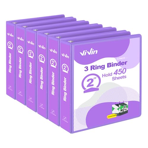 ViVin 5,1 cm runder Ringordner für Haltbarkeit, Standard-3-Ringbuch für 400 Blatt US-Papier, PVC-frei, 6er-Pack (lila) von ViVin