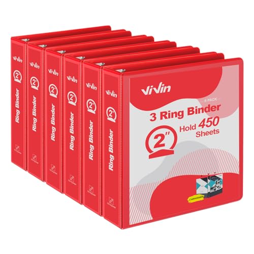 ViVin 5,1 cm runder Ringordner für Haltbarkeit, Standard-3-Ringbuch für 400 Blatt US-Papier, PVC-frei, 6er-Pack (rot) von ViVin