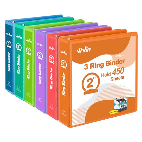 ViVin 5,1 cm runder Ringordner für Haltbarkeit, Standard-3-Ringbuch für 400 Blatt US-Papier, PVC-frei, 6er-Pack (sortiert) von ViVin