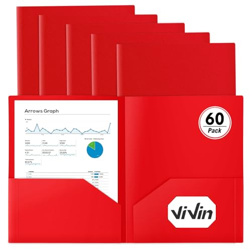ViVin Kunststoff-Ordner mit Taschen, 60 Stück, stabile 2 Taschen-Ordner, Kunststoff-Ordner mit zwei Taschen, Briefgröße, für Schule, Büro und Zuhause (Rot) von ViVin