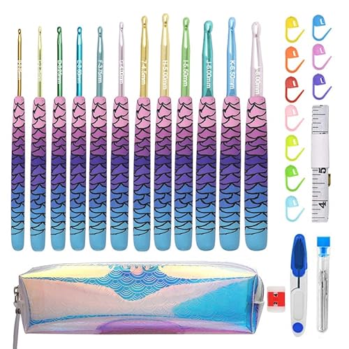 Viaky 36 Stück Häkelnadeln-Set, 12 Stück weiche Griffe, Stricknadeln, 2,25 mm - 8,0 mm, Aluminium, ergonomischer Griff, Meerjungfrauen-Muster, Häkelnadeln-Set für Anfänger, Strickliebhaber von Viaky