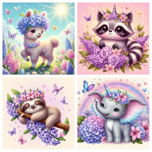 4er Set Diamond Painting Kinder Tiere,Alpaca Raccoon Faultier Elephant Diamant Painting Bilder Kinder,Tiere Diamond Painting Kinder ab 4 6 8 10 12 Jahren Als Geschenk(15x15cm) von Viart