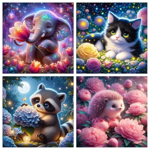 4er Set Diamond Painting Kinder Tiere,Elefant Katze Waschbär Igel Diamant Painting Bilder Kinder,Tiere Diamond Painting Kinder ab 4 6 8 10 12 Jahren Als Geschenk(15x15cm) von Viart