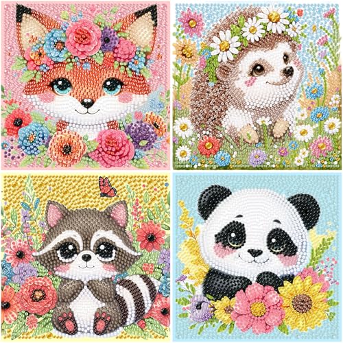 4er Set Diamond Painting Kinder Tiere,Panda Igel Waschbär Fuchs Diamant Art Bilder Kinder,Tiere Diamond Painting ab 4 6 8 10 12 Jahren(15x15cm) von Viart