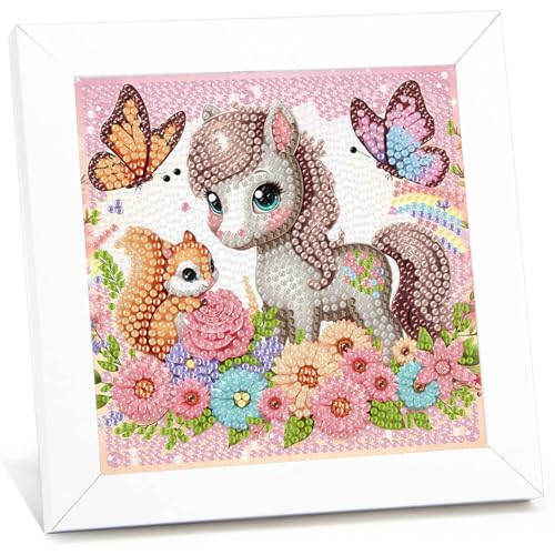 Pferd Eichhörnchen Diamond Painting kinder mit Rahmen,Pferd Eichhörnchen 5D Diamond Art Anfänger Bilder Kinder,Diamant Painting Home Decor Geschenk für Kinder ab 6 Jahren(15x15cm) von Viart