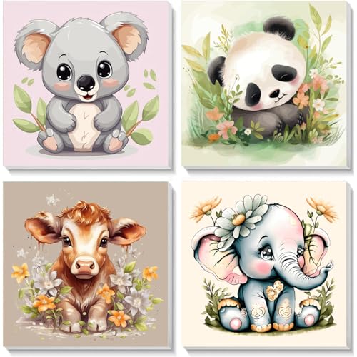 Viart 4 Stück Tier Malen Nach Zahlen ab 5 6 7 Jahre Mädchen und Jungen mit Rahmen-Elefanten Koala Panda Kuh Malen Nach Zahlen für Kinder ab 7 Jahren Acrylfarben mit als Geschenk,20x20cm von Viart